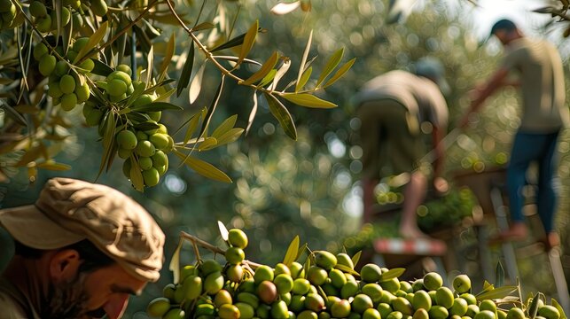 In the background laborers are perched on stepladders handpicking plenty of fresh green olives
