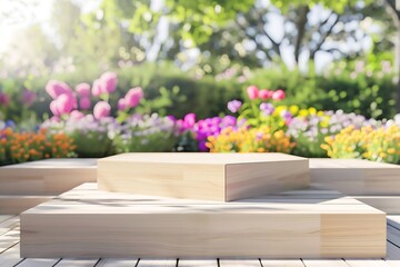Generative AI : Wooden square display podiums in the garden on sunny day for baby and kid in pastel...