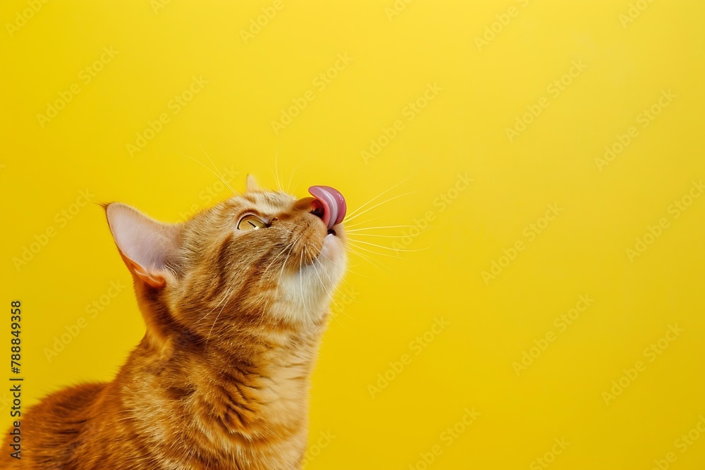 Poster generative ai : red cat licking face isolated on yellow. ginger pet with big eyes looking up. tasty 