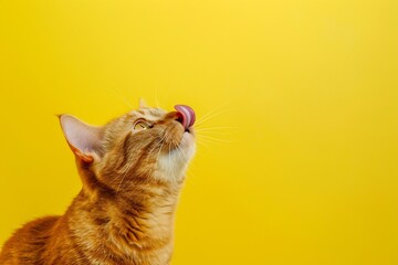 Generative AI : Red cat licking face isolated on yellow. Ginger pet with big eyes looking up. Tasty food for animal. Red fluffy friend. Domestic cute pet.