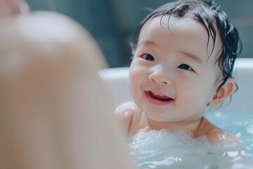Generative AI : Close up asian newborn baby bathing in bathtub. mother bathing her son in warm water.