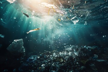 Generative AI : Pollution in oceans concept, Stop ocean plastic pollution concept. - obrazy, fototapety, plakaty