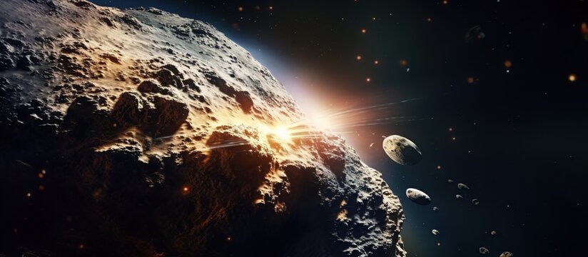 View of the planet Earth from space during a sunrise, Asteroid Belt in Deep Space