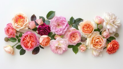 An exquisite arrangement of vibrant English roses set against a pristine white backdrop captures the essence of celebration With a captivating overhead view in a flat lay style this composi