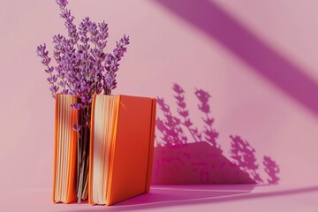 Generative AI : Orange book or notebook with lavender flowers inside on pink background 