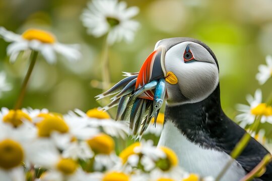 Generative AI : puffin with sand eels in its beak, behind daisies. Selective focus on the puffin throws the rest 