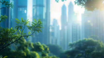 Softly blurred cityscape in the backdrop resembling a dreamy utopian city where advanced technology and nature coexist seamlessly. .