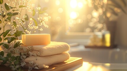 Soap, towel in bathroom, on blurred spa background. with copy space. digital art
