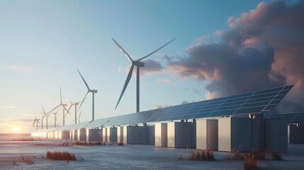 Advanced battery energy storage system with wind turbines and solar panels. green energy concept 