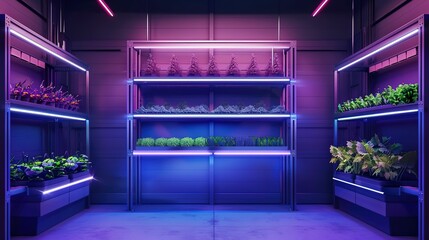 Vertical Farm with LED Lighting. Sustainable Agriculture Concept. Innovation and Agritech Concept 