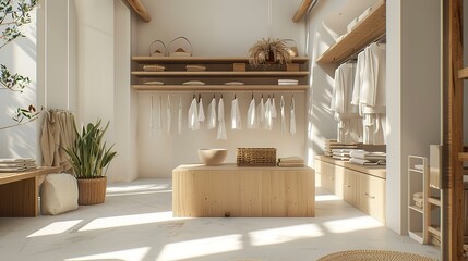 Sustainable Fashion in Modern Retail Space. Eco-Conscious Clothing Display in Minimalist Store 