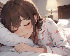 ベッドで寝ているパジャマの女性　うつぶせ寝
