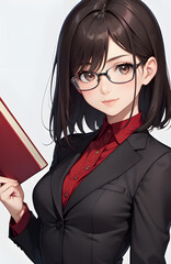 眼鏡をかけて本を持ったスーツ姿の女性　先生　教師　教員