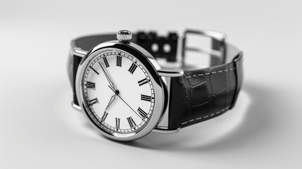 Blank mockup of a classic stainless steel watch with a black leather band and traditional Roman numeral markings. .