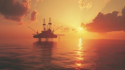 Offshore oil rig drilling platform at sunset. Oil and gas platforms north sea - obrazy, fototapety, plakaty