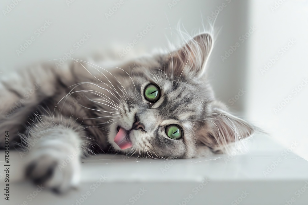 Poster generative ai : funny large longhair gray kitten with beautiful big green eyes lying on white table.