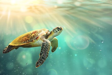 Generative AI : Portrait of a happy sea turtle swimming underwater.