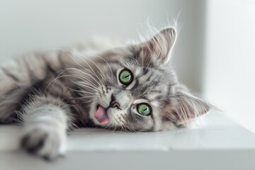 Generative AI : Funny large longhair gray kitten with beautiful big green eyes lying on white...