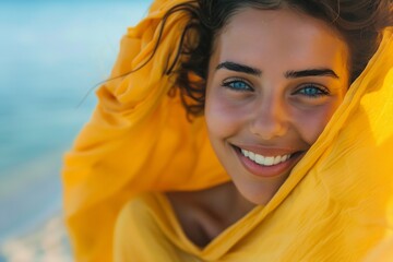 Generative AI : Cheerful young woman in yellow sarong at beach. 