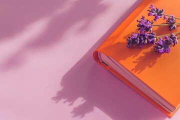 Generative AI : Orange book or notebook with lavender flowers inside on pink background 