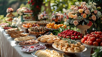 Luxury Catering Concept. Elegant Buffet Table with Gourmet Food at Outdoor Event. Wedding Reception. - obrazy, fototapety, plakaty