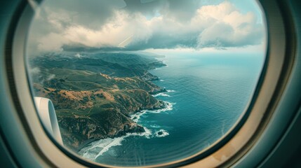 Coastal Escape: Stunning Ocean View from Airplane Window during Flight