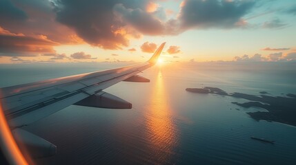 Sunset Flight Dreams: Overlooking Islands from a Plane's Wing at Dusk