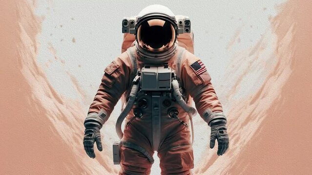 Astronaut flies over a peach fuzzy background