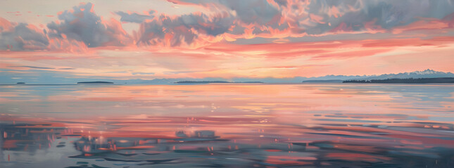 Pastel Art on canvas of the waters of Puget Sound reflecting soft pink light from distant storm clouds in the East illuminated by the setting sun in the West Ai generative 