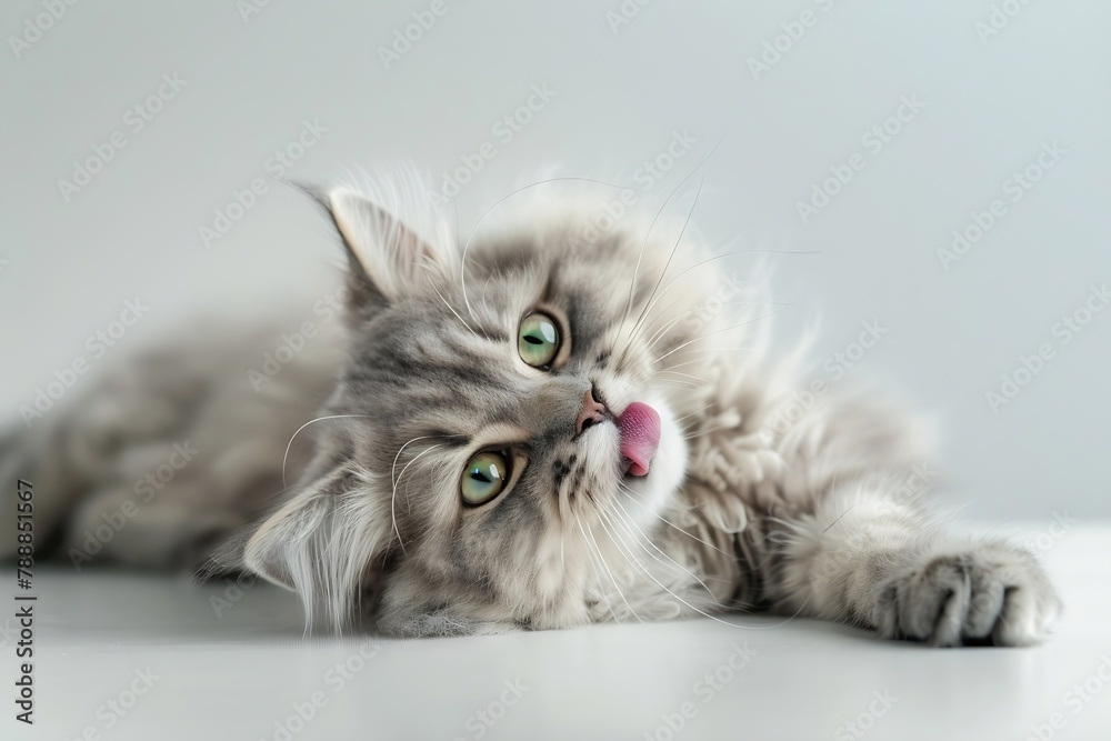 Poster generative ai : funny large longhair gray kitten with beautiful big green eyes lying on white table.