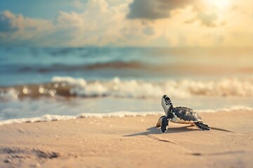 Generative AI : Close up Baby sea turtle on a tropical sandy beach
