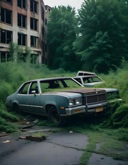 Abandoned car in a post apocalyptic city scene