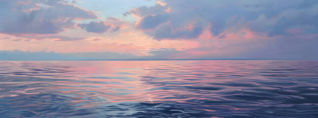 Pastel Art on canvas of the waters of Puget Sound reflecting soft pink light from distant storm clouds in the East illuminated by the setting sun in the West Ai generative  - obrazy, fototapety, plakaty