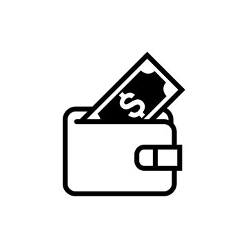 Wallet and bills icon. Black color outline icon on white background.