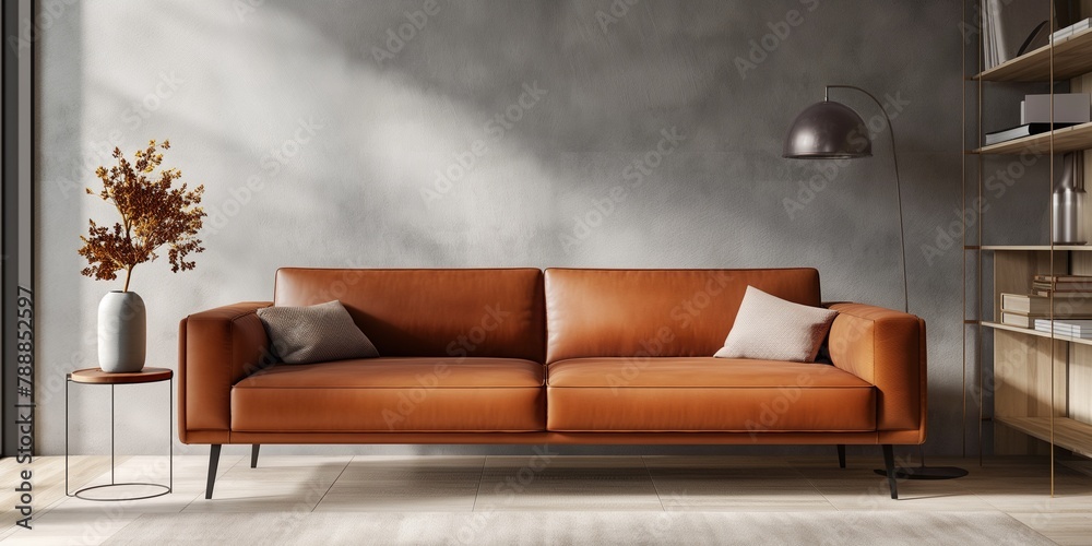 Wall mural Empty room with classic brown leather sofa, woolen rug with coffee table, standing lamp on industrial style  blank modern concrete wall living room interior design.