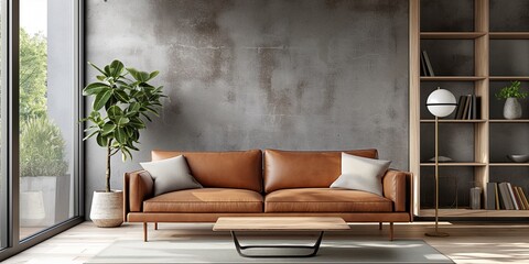 Empty room with classic brown leather sofa, woolen rug with coffee table, standing lamp on industrial style  blank modern concrete wall living room interior design.