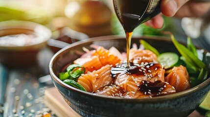 Pouring soy sauce on fresh poke bowl with salmon, rice, edamame beans, yellow corn, radish, circling on table. Healthy food.  - obrazy, fototapety, plakaty