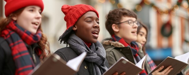 Group of multiracial teenagers Carolers singing traditional songs in city street on Christmas eve,...