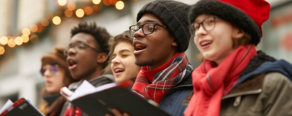 Group of multiracial teenagers Carolers singing traditional songs in city street on Christmas eve, Christmas traditional banner backgrounds.