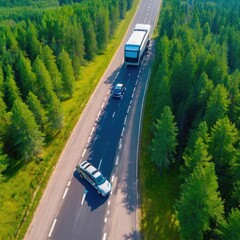 
A drone captures an aerial view of a car and a hydrogen energy truck driving on a forest highway, demonstrating sustainable transport options.