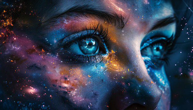 A woman's face is painted with stars and galaxies