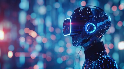 With a soft focus on the horizon the faint outlines of futuristic robots and virtual reality headsets blend into a sea of code and data symbolizing the impact of AI and machine learning . - obrazy, fototapety, plakaty