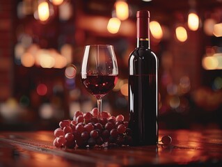 The wine and glasses in the wine cellar, grapes.