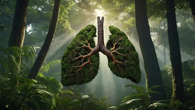 a lung made of trees filled with green leaves, concept environmental awareness, ecological balance, healthy world