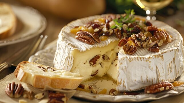 Closeup of a wheel of creamy brie cheese adorned with nuts and dried fruits ready to be paired with a crusty baguette and a glass of wine. A favorite a cheese lovers French brie is .