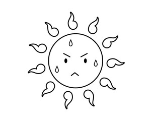 暑さで汗をかく太陽のシンプルな線画イラスト