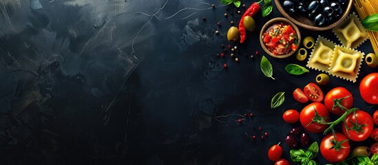 Italian food theme with pasta, ravioli, tomatoes, olives, and basil displayed on a dark background. Horizontal orientation with blank space for text. - obrazy, fototapety, plakaty