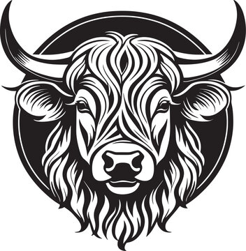 Highland cow head vector file Black Heifer face cut out for decal, logo, stencil, template, tattoo.