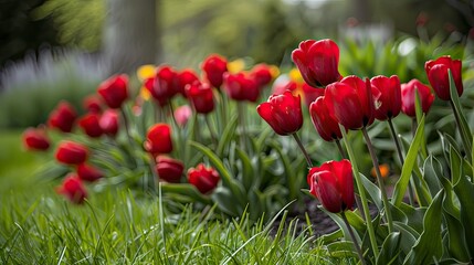 Vivid red tulips popping against a lush green lawn