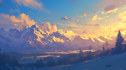 Epic view of a mountain illustration. Vibrant blue sky against its surroundings, creating a visually striking contrast of depth of field.